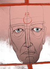 Graphite drawing with digital overlay, 2025 Drawing of a face resting at a crossroads, painted in red. The eyes are sad and watery blue. On the forehead is a circle and the number 12.