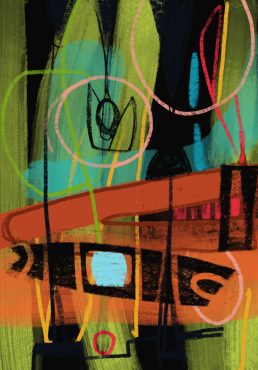 Abstract painting with a red v shape on its side, vertical black shapes anchored at top and bottom, and a background of greens and oranges, and a bright blue shape suggesting a TV.