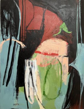 red and green shapes on a, aqua blue and black background, with black strokes and green egg-like shape