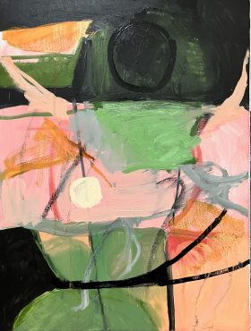 small pale yellow sun on background of green, pink, and black, with black and orange strokes and a subtle black orb at top