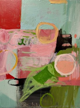 colorful abstract painting with strong reds, greens, and pinks, and two circles